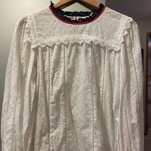 ba&sh Ivory Eyelet Blouse with Black and Red Trim